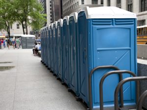 line of porta potties in the city